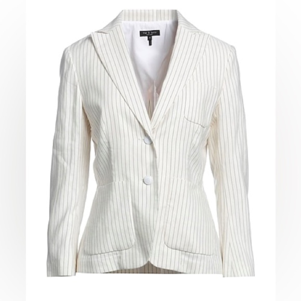 Rag & Bone Blazer Ivory Navy Pinstriped Linen Cotton Blend Business Casual Sz 6